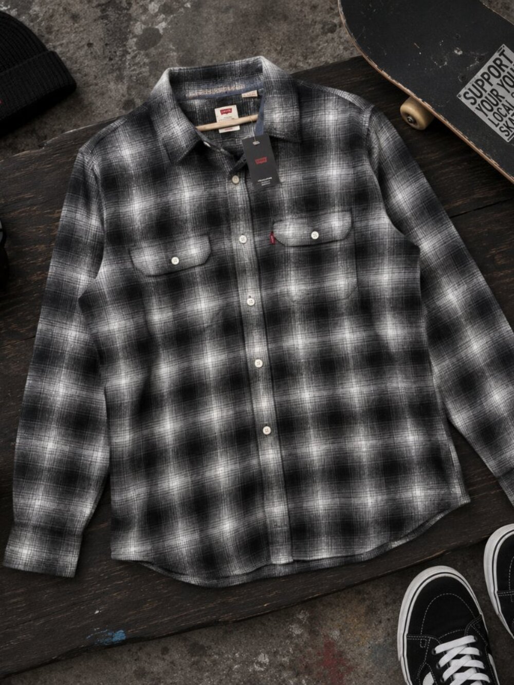 NWT Levis Black White Ombre Plaid Flannel Shirt XXL